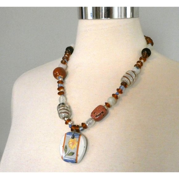 Vintage Art Glass Beaded Necklace with Pottery Flower Pendant - Picture 1 of 12